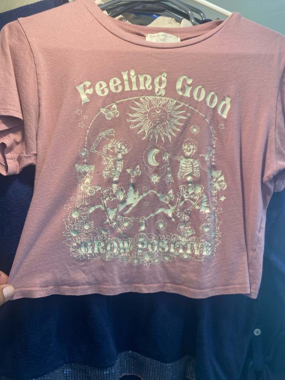 Philosophy of Love Feeling Good Grow Positive Skeleton Graphic Crop Tee